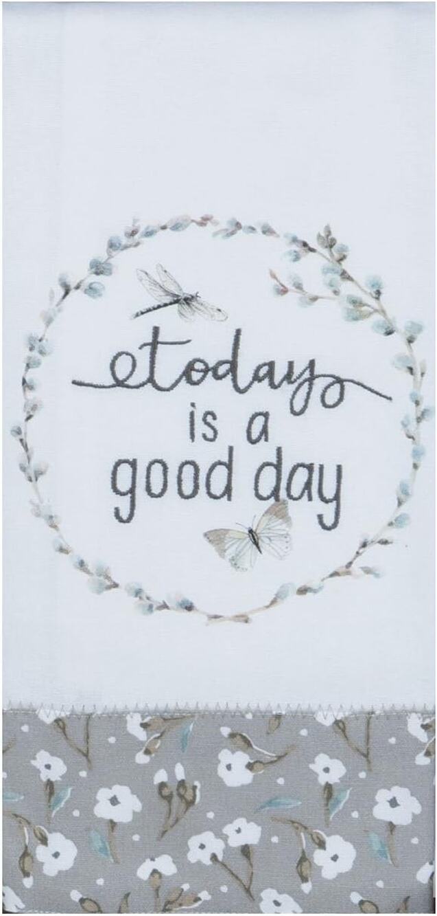 Kay Dee Designs TODAY IS A GOOD DAY Embroidered Gray Floral Tea Towel NEW
